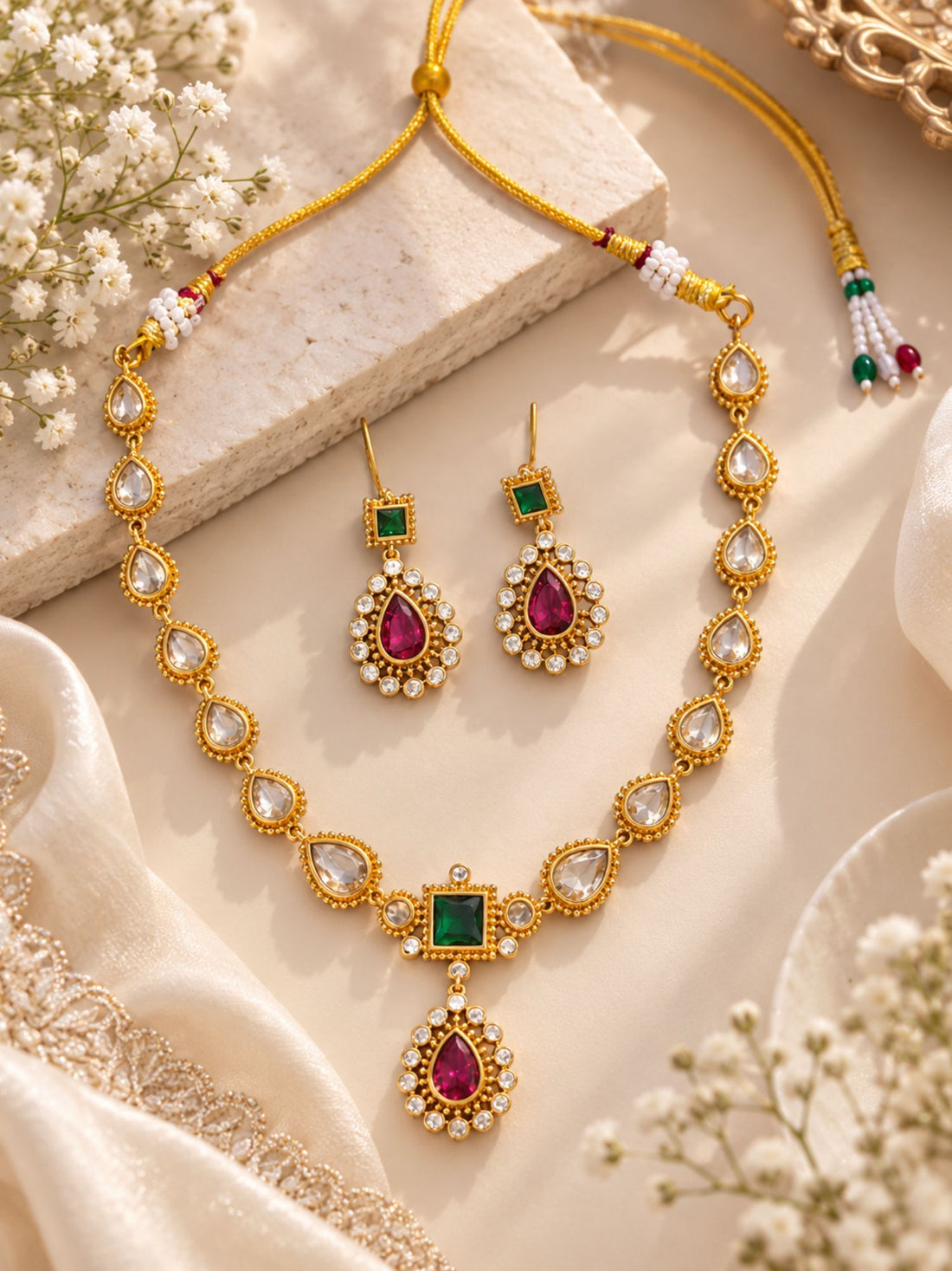 Gold Plated Kundan Polki Red & Green Stone Drop Necklace Set with Earrings