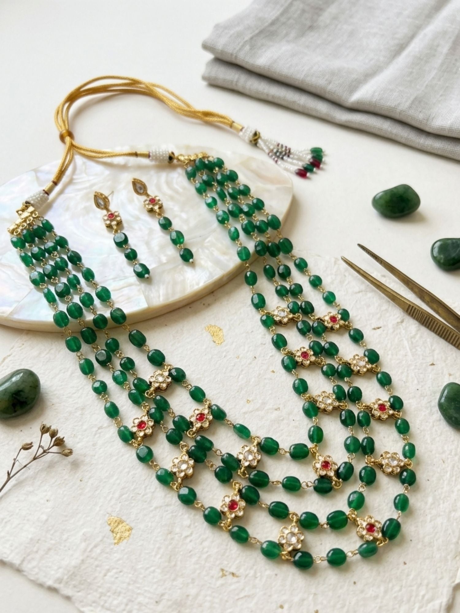 Abdesigns Emerald Green Beaded Floral Polki Multilayer Necklace Set with Earrings