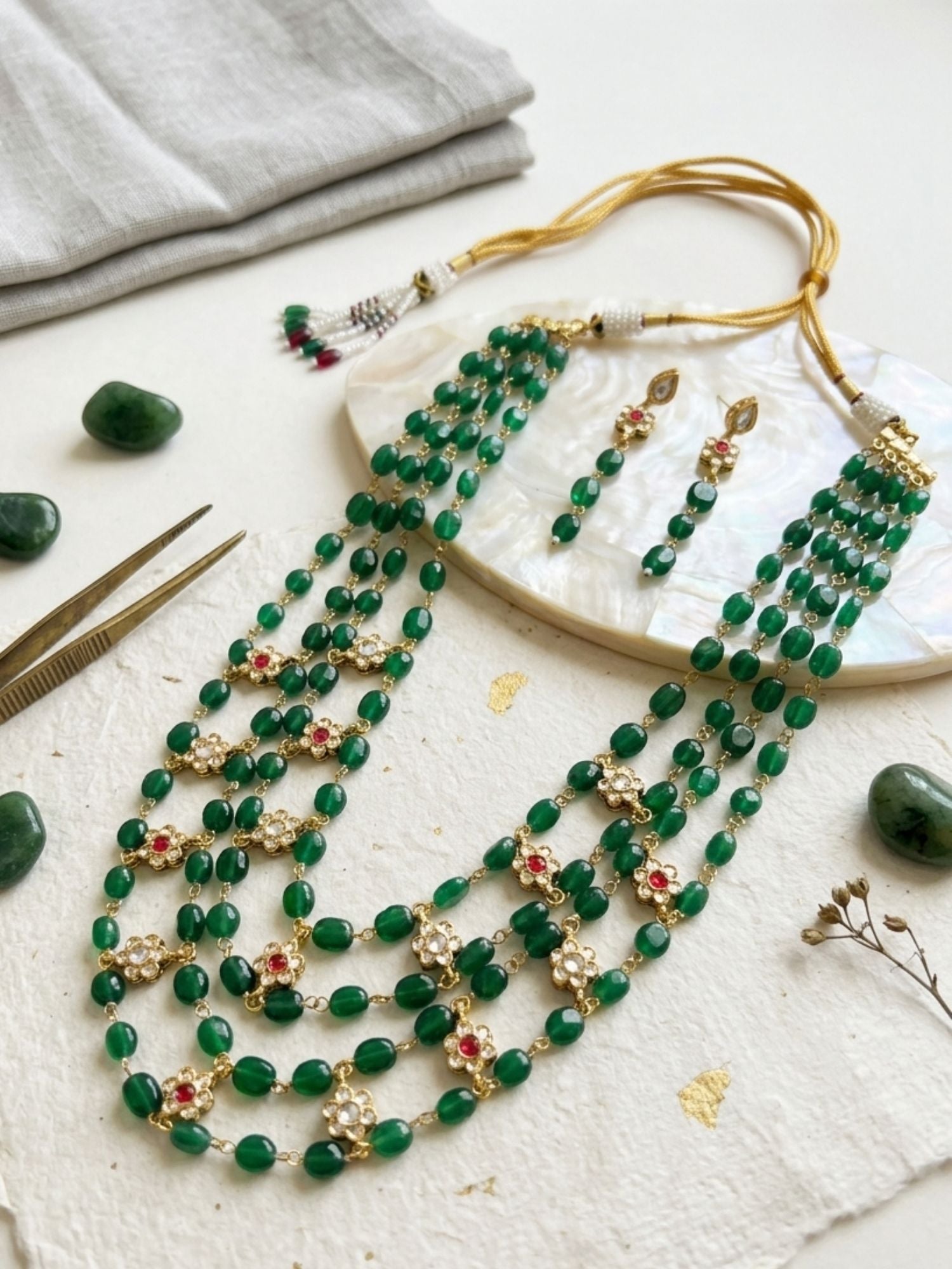 Abdesigns Emerald Green Beaded Floral Polki Multilayer Necklace Set with Earrings
