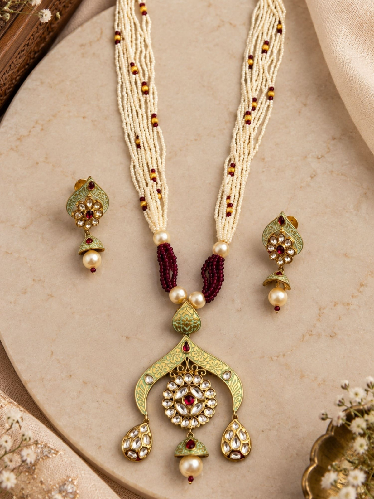 Meenakari Kundan Pearl Long Mala Necklace Set in Green & Pink