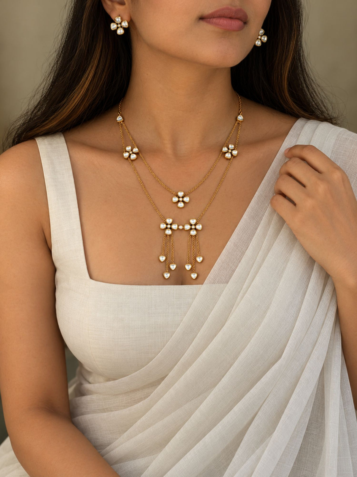Gold Plated Kundan Floral Layered Necklace Set with Tassel Drops & Earrings for Women
