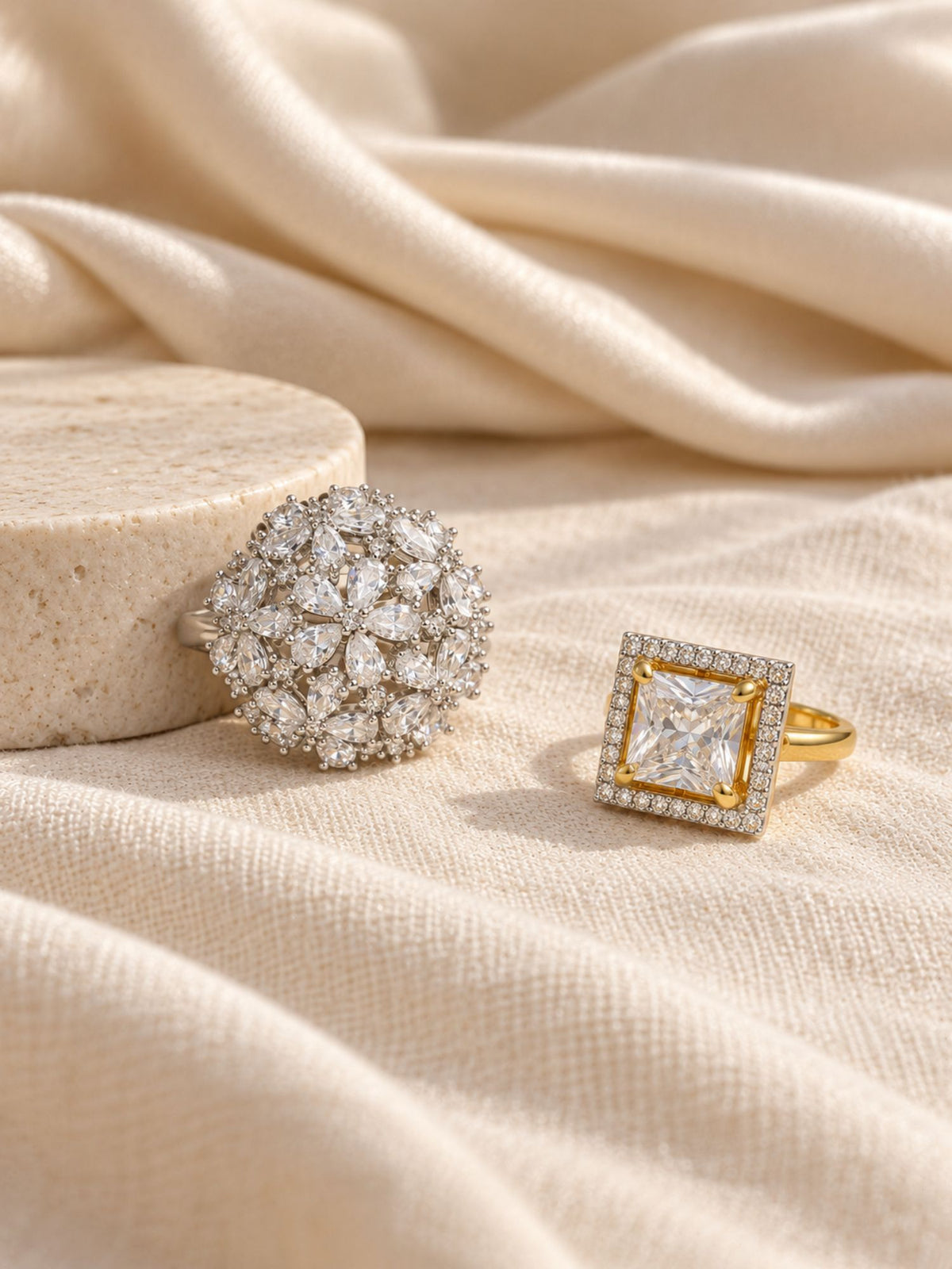 Set of 2 Dual Tone Silver & Gold Plated AD Stone Floral & Square Statement Rings for Women