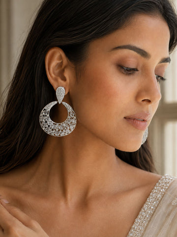 Silver Plated Kundan Crescent Statement Earrings for Women