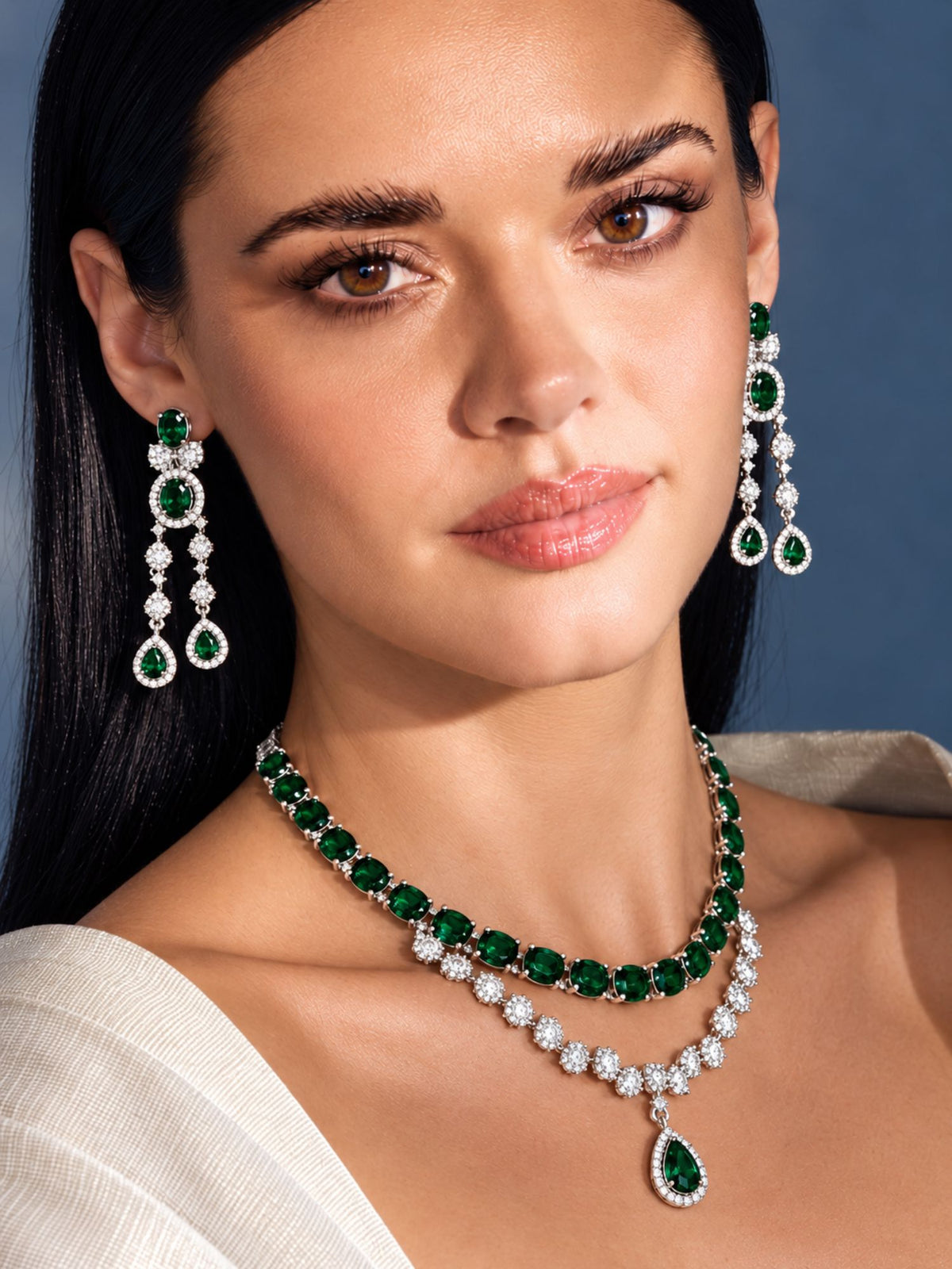 Emerald Unique American Diamond Necklace Set