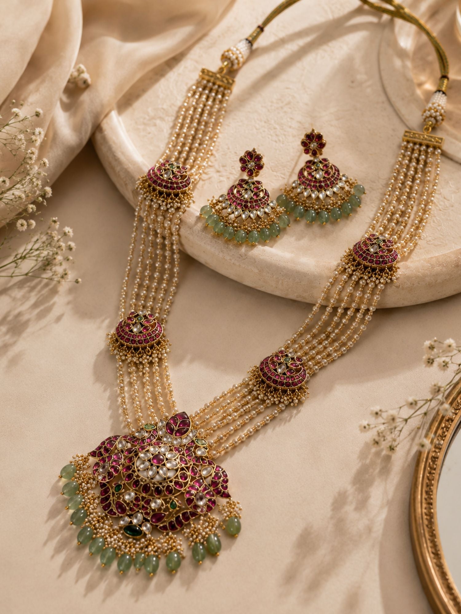 Abdesigns Royal Multi-Layer Pearl Kundan Necklace Set with Pink Stone Pendant