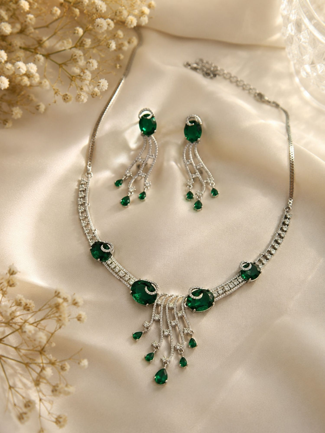 Silver Tone Cz Emerald Ruby American Diamond Necklace Set | Abdesigns