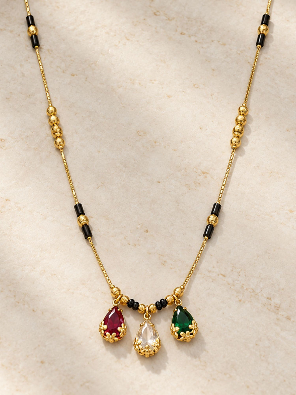 Gold Plated Multicolor Teardrop Black Bead Mangalsutra Necklace for Women