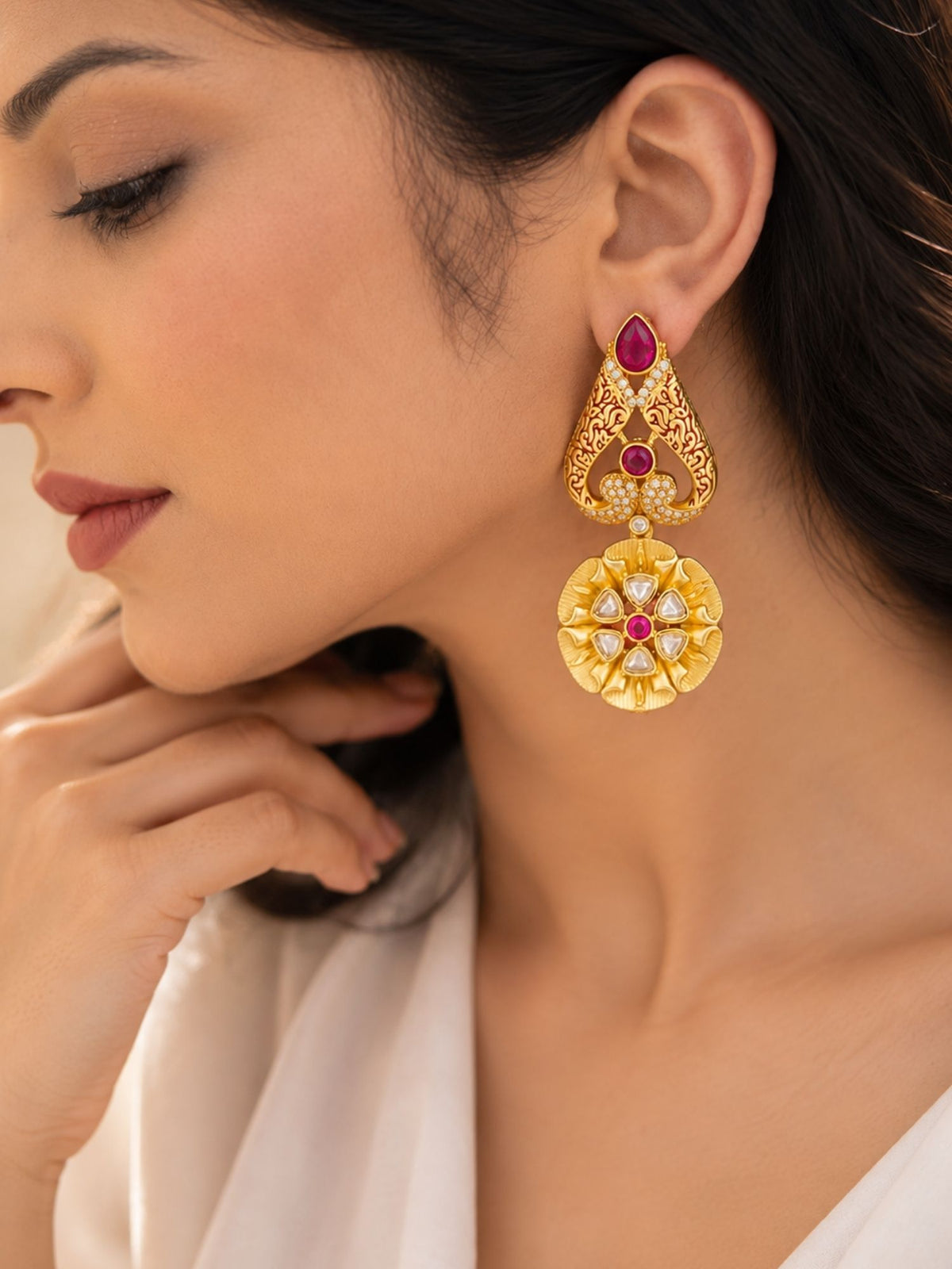 Red Meenakari Kundan Floral Statement Earrings | Abdesigns Jewellery