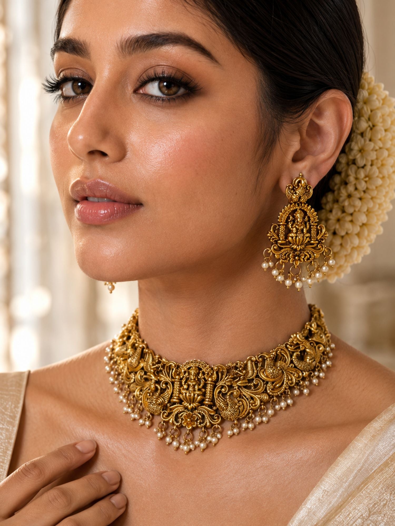 Lakshmi Temple Necklace Set in Gold Plating | Abdesigns