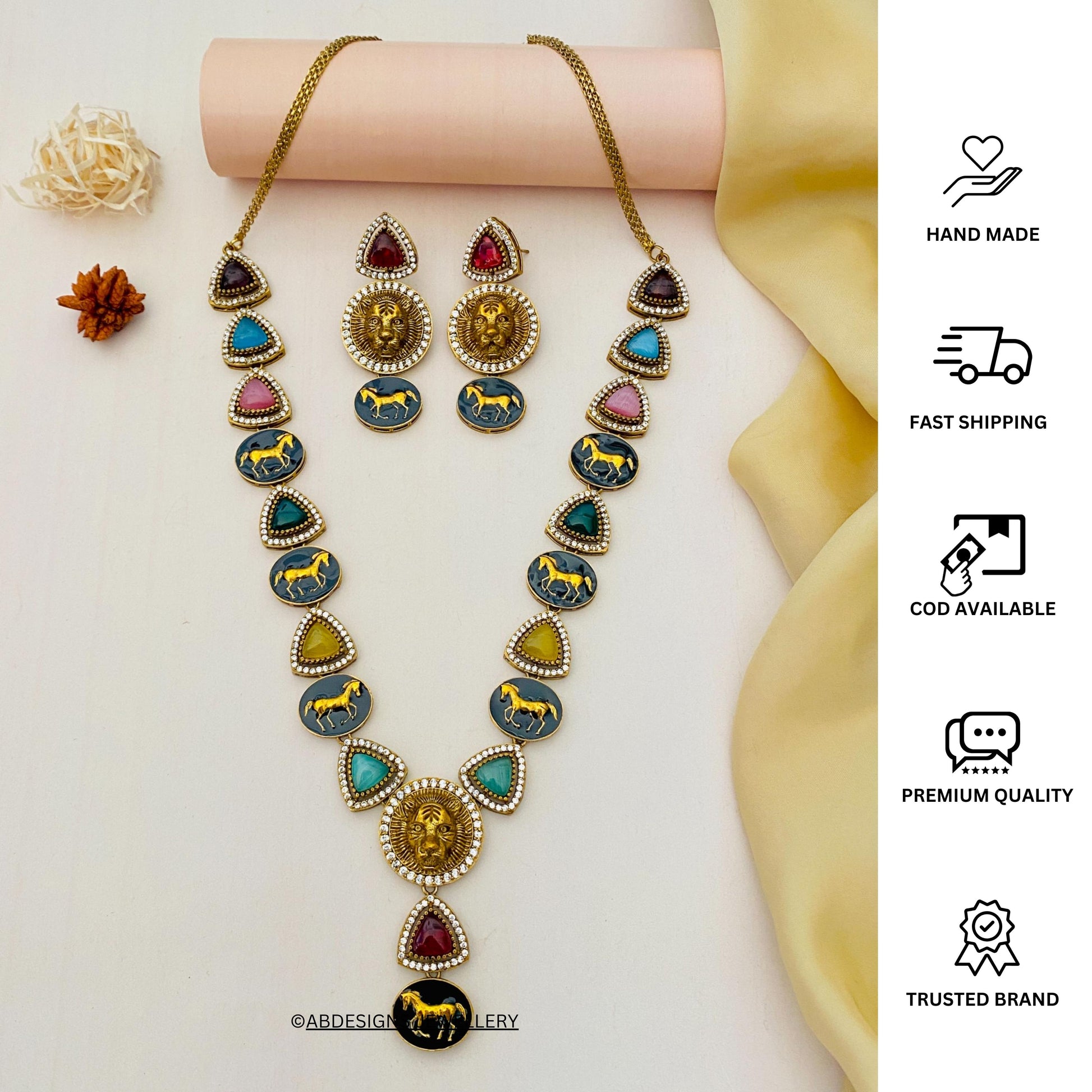 Gold Plated MultiColour Sabyasachi Diamond Necklace Set - Abdesignsjewellery