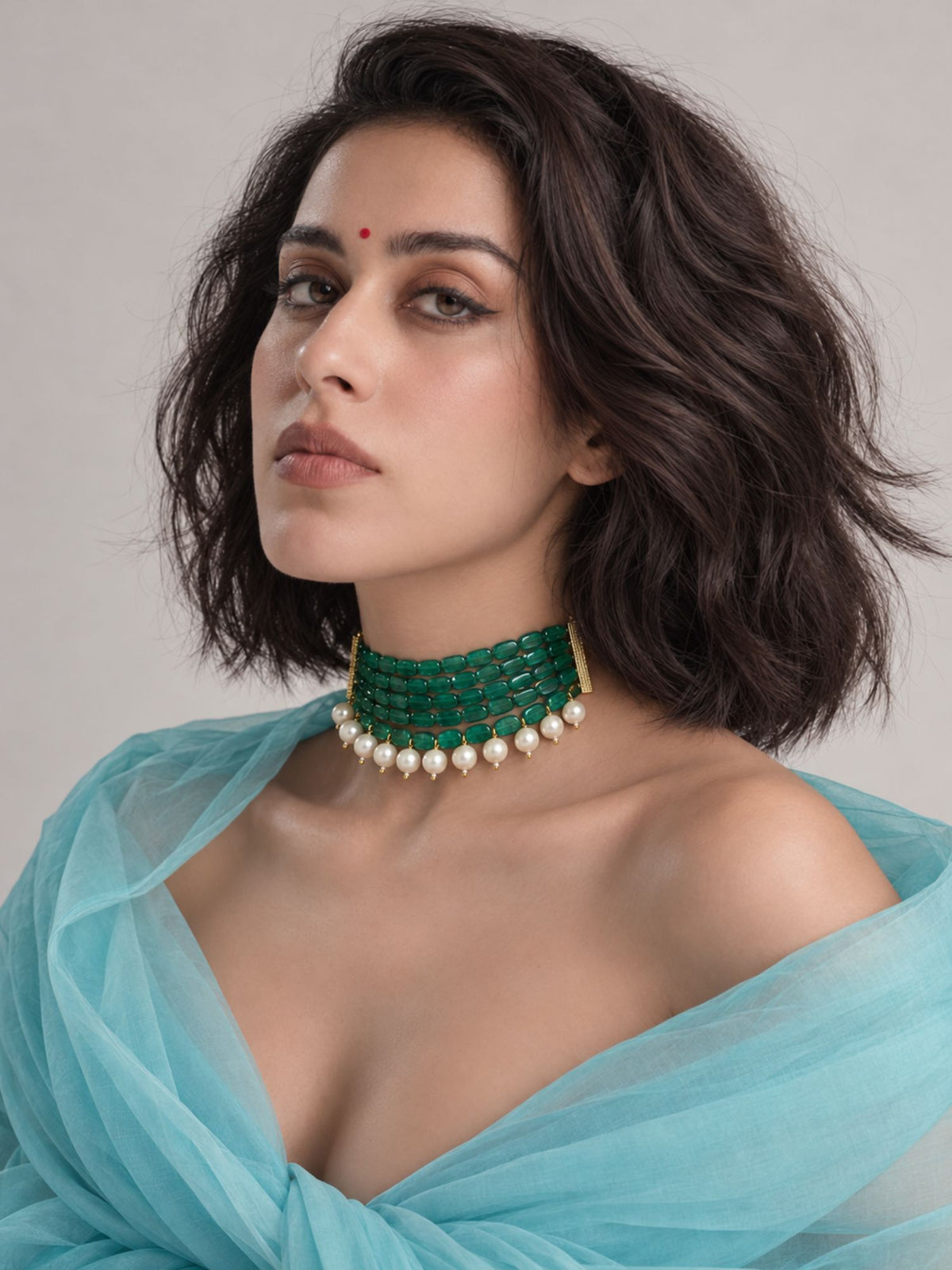 Gold Plated Green Beaded Pearl Multi-Layer Choker Necklace for Women
