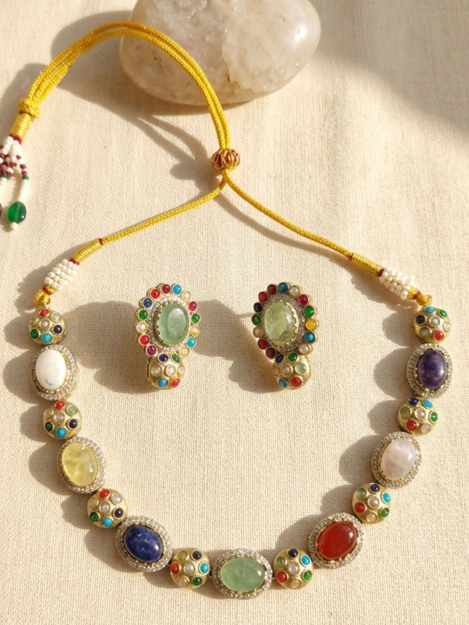 Abdesigns Navratna Kundan Necklace Set with Earrings