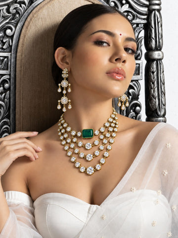 Victorian Gold Plated Green Stone Layered AD Statement Necklace Set with Earrings