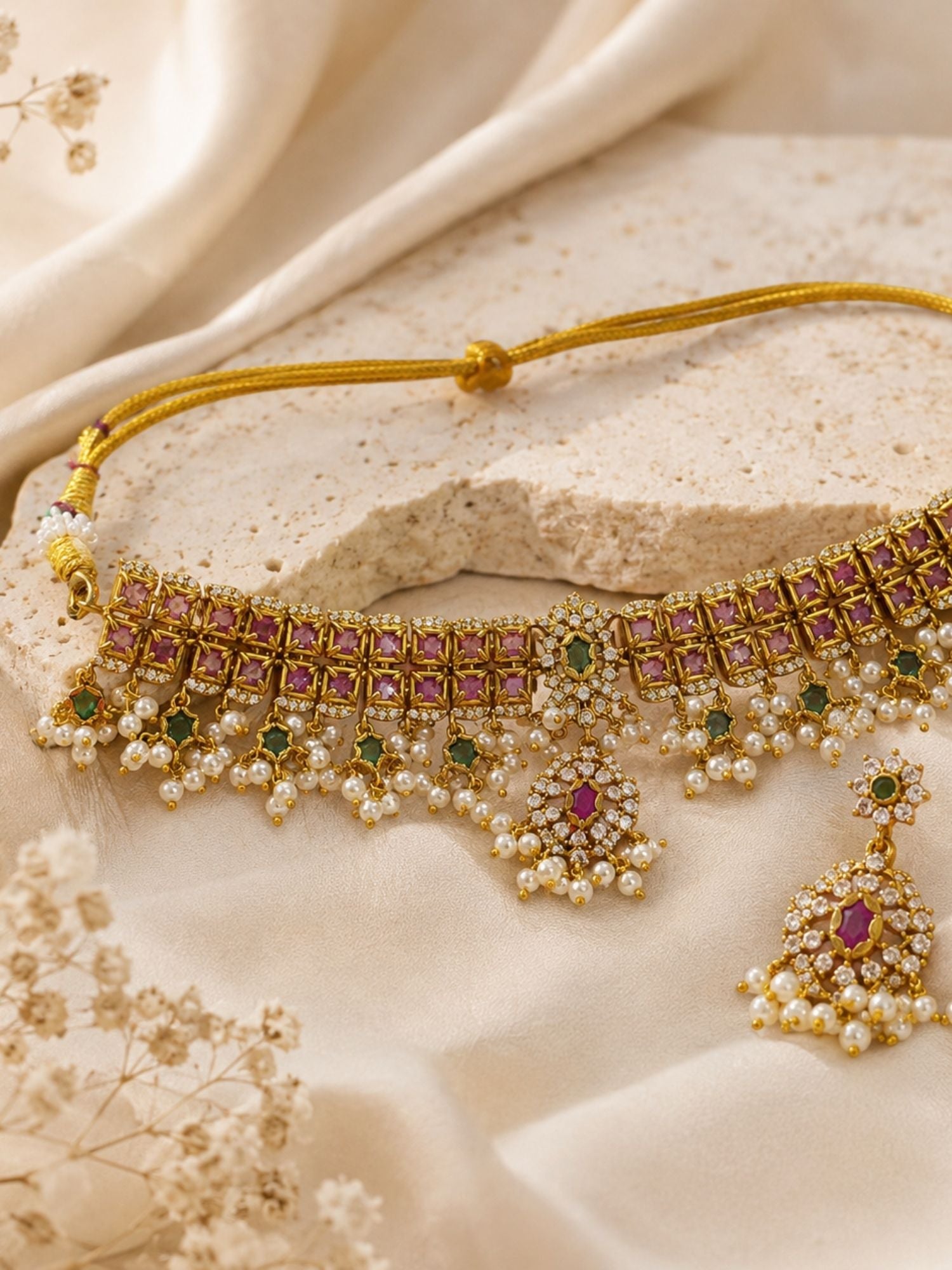 Antique Gold Plated Pink & Green Kundan Pearl Choker Necklace Set with Earrings