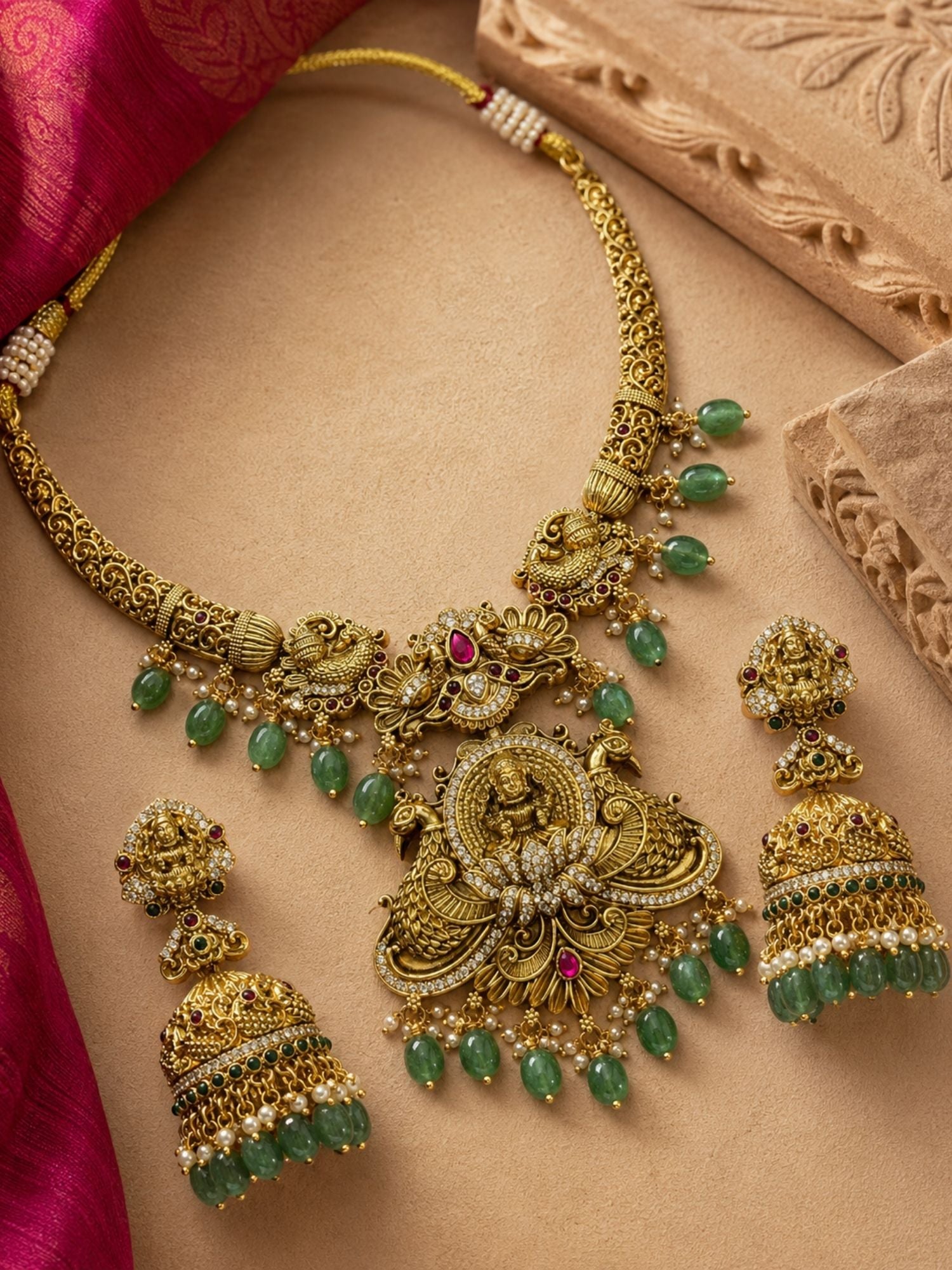 Abdesigns Temple Heritage Gold Necklace Set with Green Bead Drops