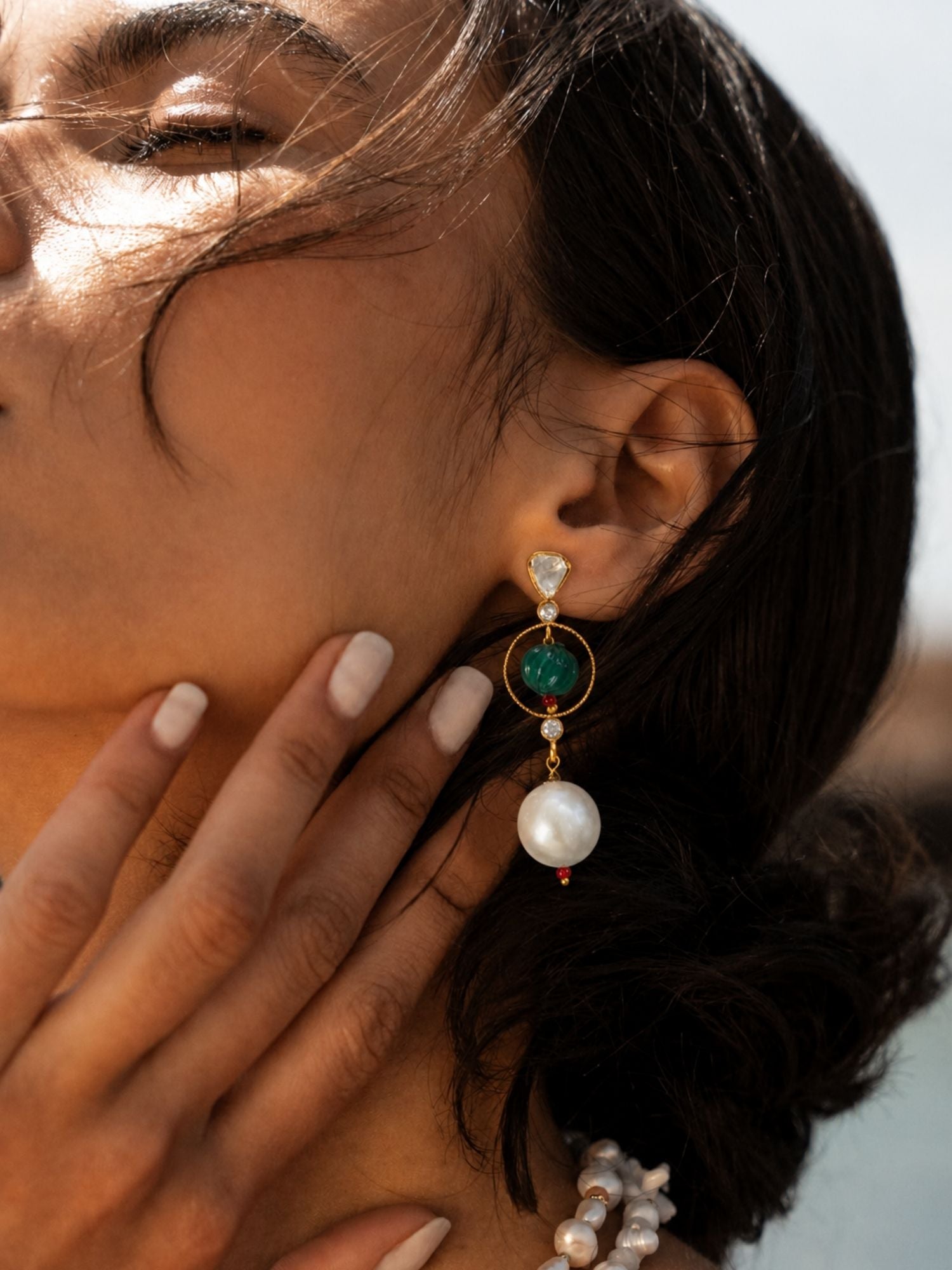 Combo Of Gold Plated Kundan Pearl & Green Bead Earrings