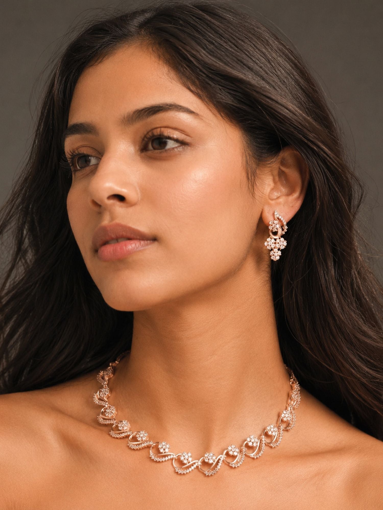 Floral American Diamond Necklace Set with Earrings – Gold, Rose Gold & Silver Plated | Abdesigns