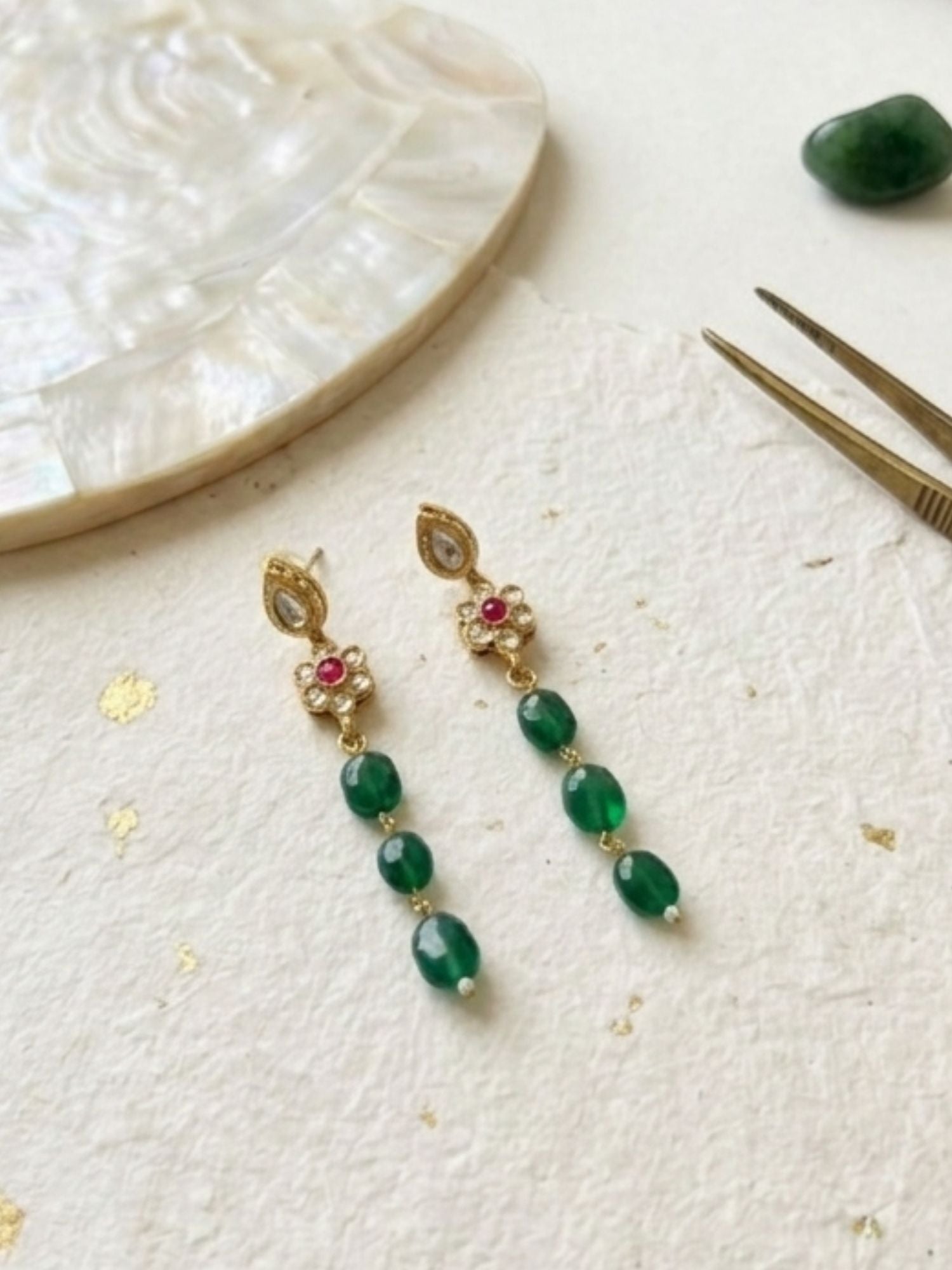 Abdesigns Emerald Green Beaded Floral Polki Multilayer Necklace Set with Earrings