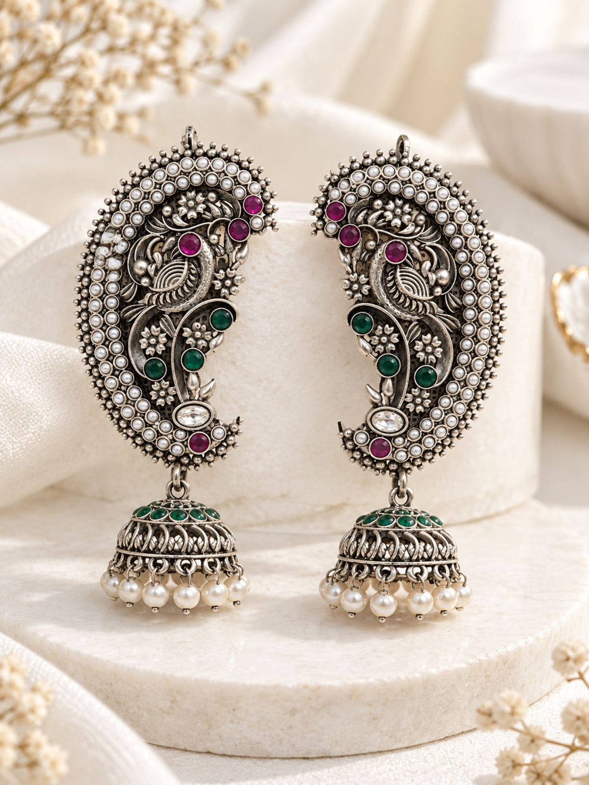 Peacock Pearl Jhumka Ear Cuff Oxidised Silver Plated | Abdesigns