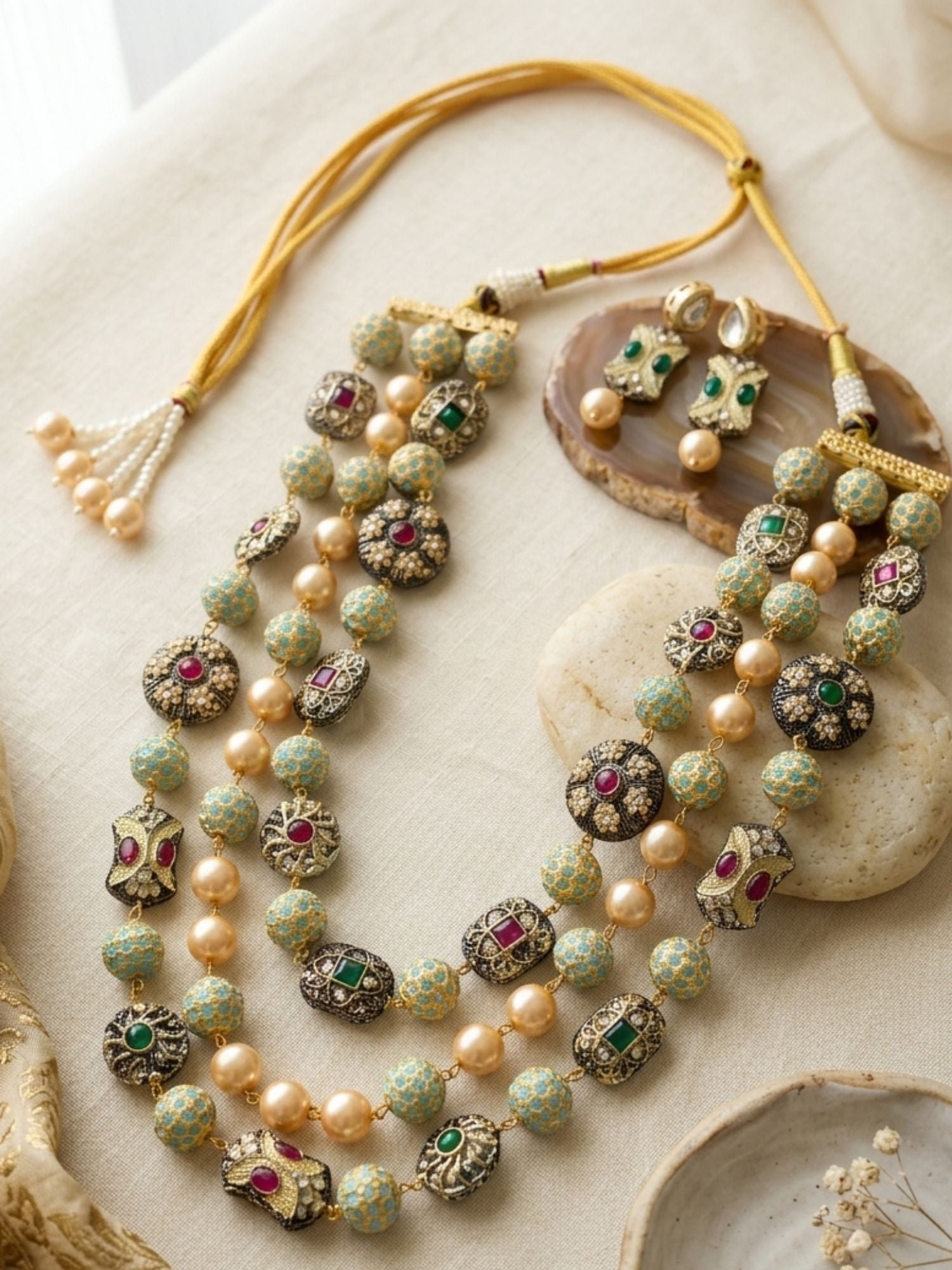 Traditional Multilayer Jaipuri Beaded Long Mala Necklace Set