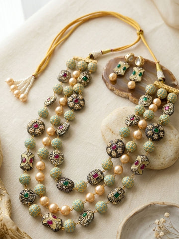 Traditional Multilayer Jaipuri Beaded Long Mala Necklace Set
