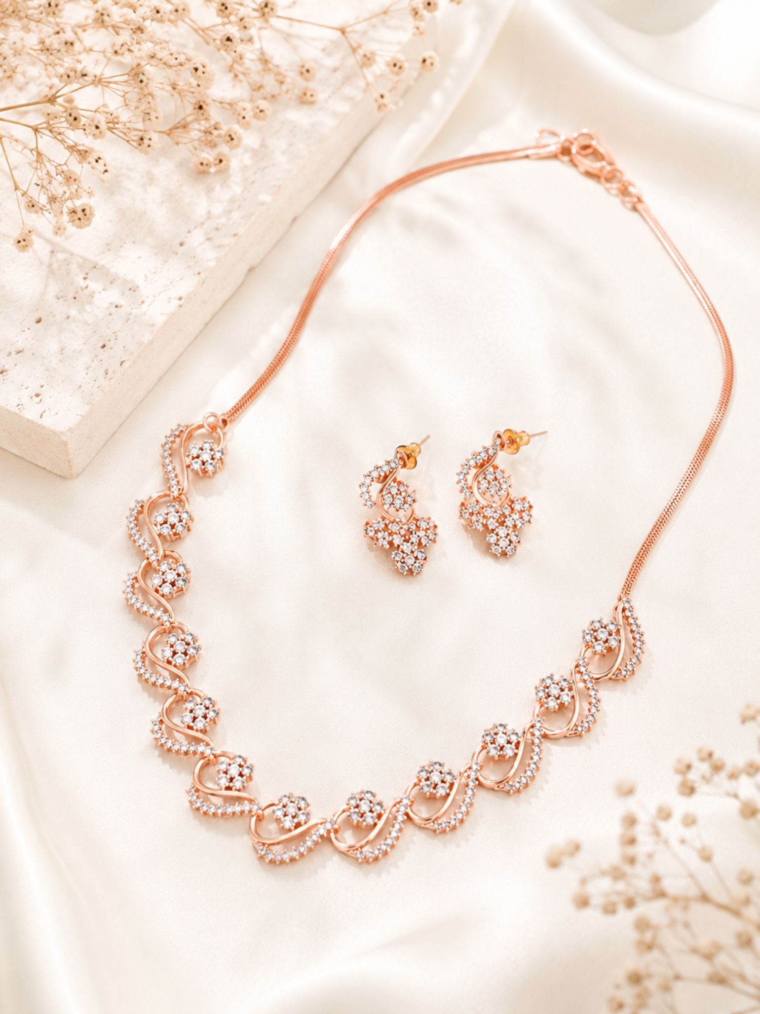 Floral American Diamond Necklace Set with Earrings – Gold, Rose Gold & Silver Plated | Abdesigns