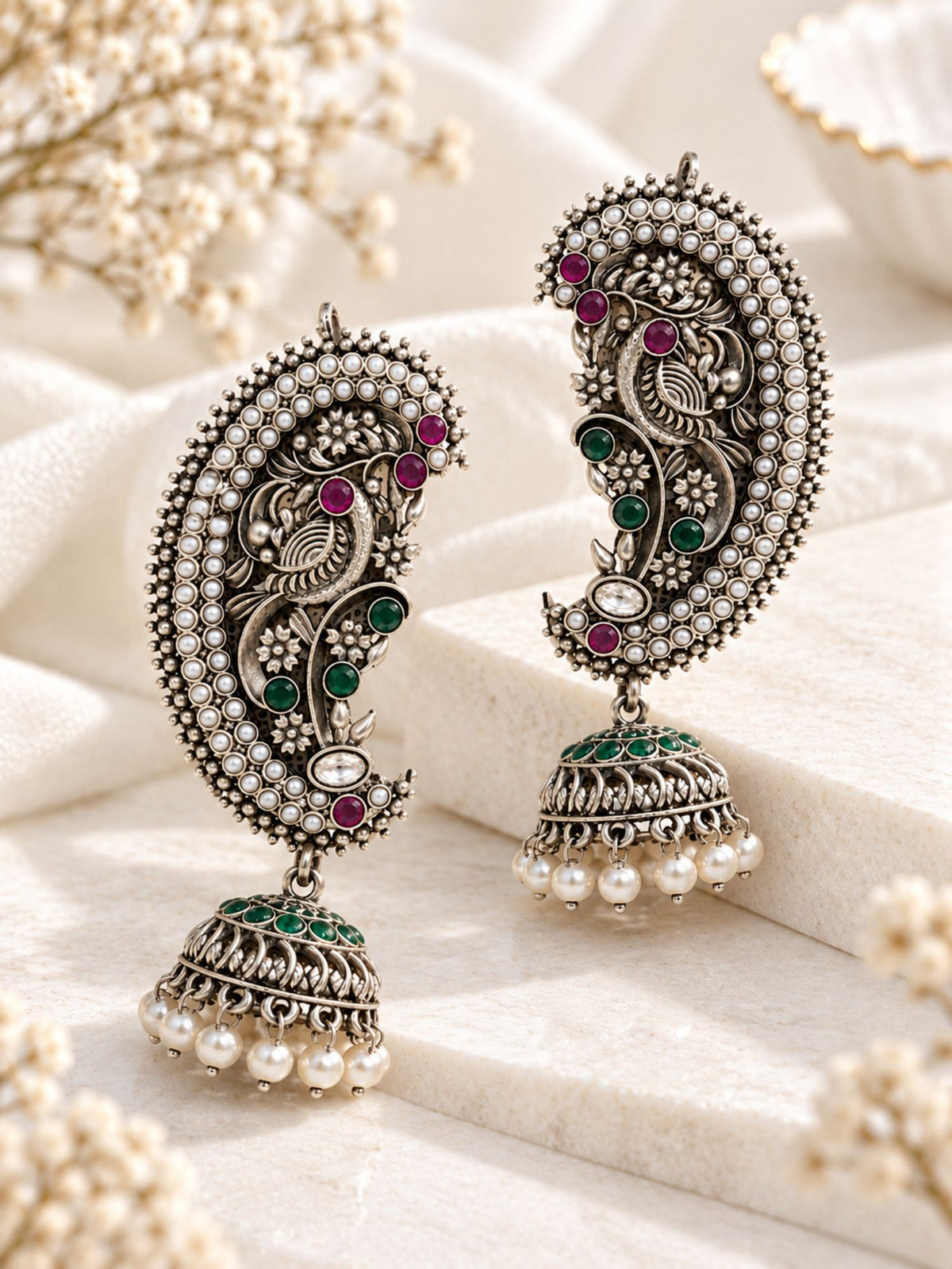 Peacock Pearl Jhumka Ear Cuff Oxidised Silver Plated | Abdesigns