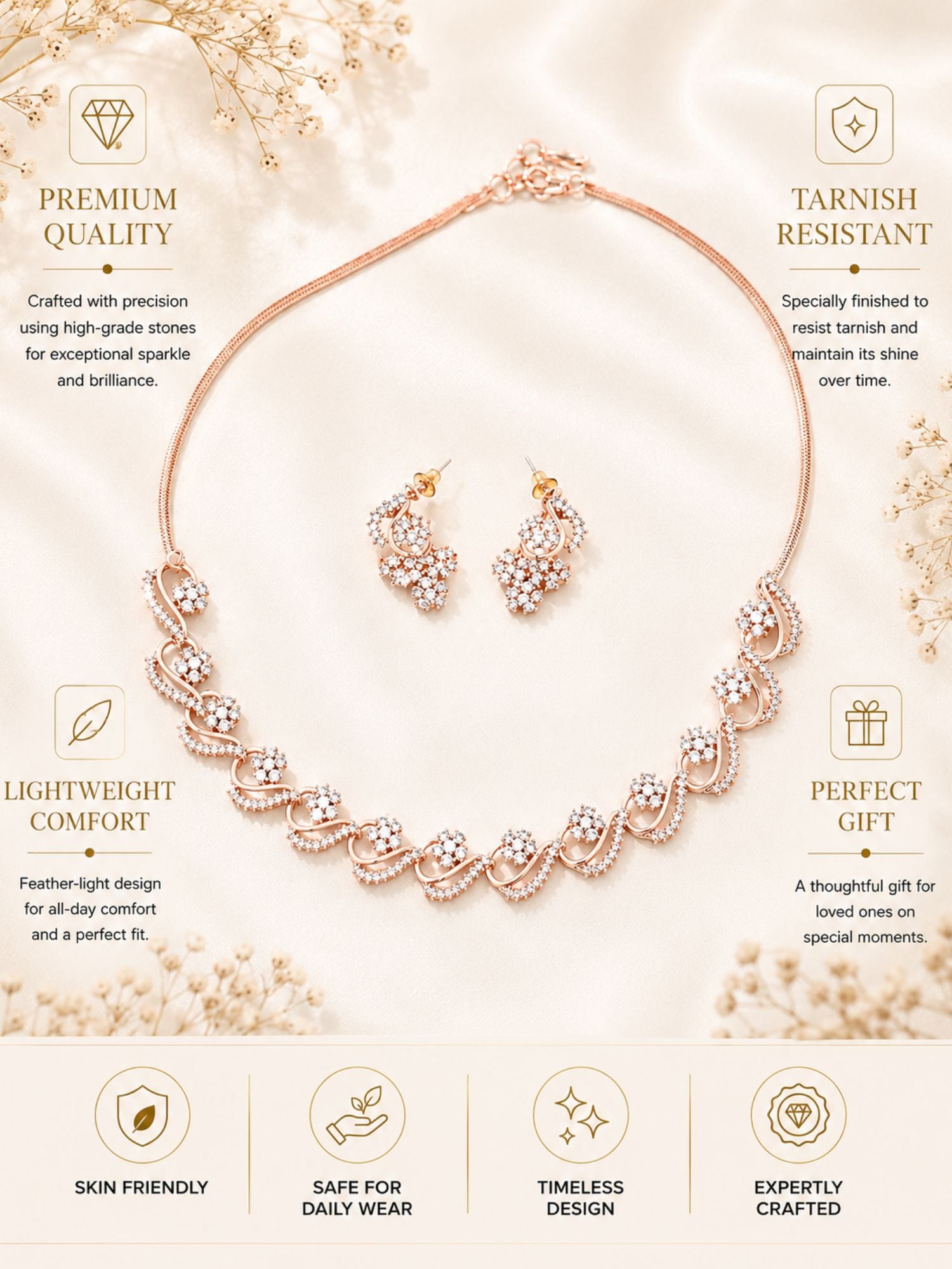 Floral American Diamond Necklace Set with Earrings – Gold, Rose Gold & Silver Plated | Abdesigns