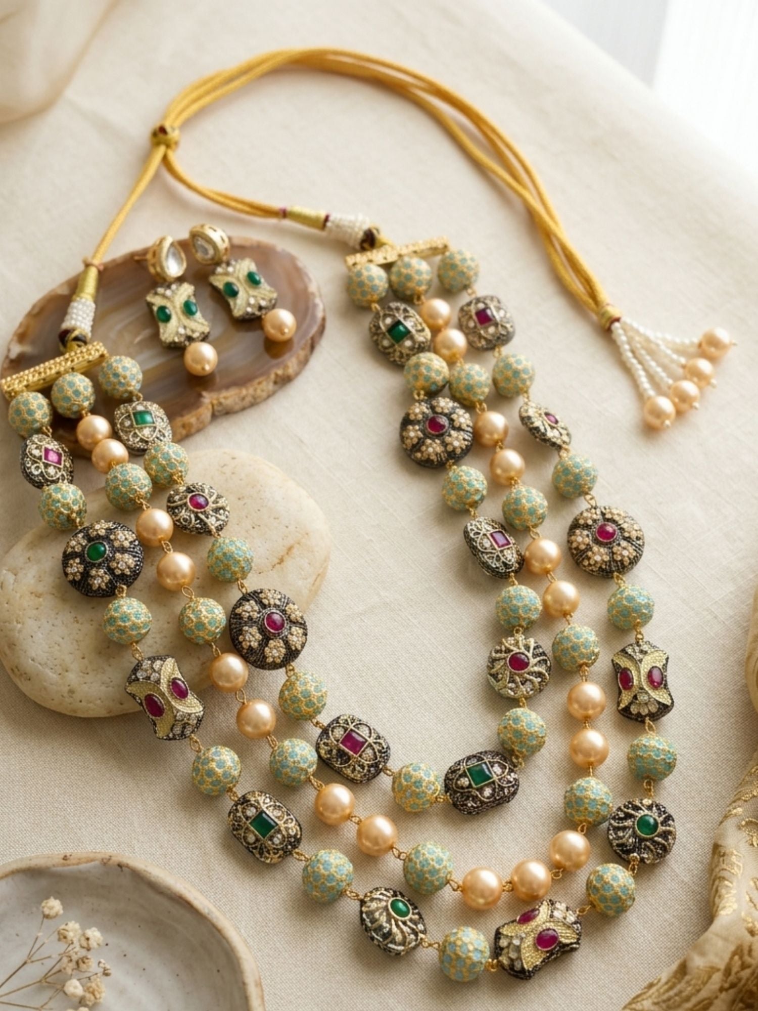 Traditional Multilayer Jaipuri Beaded Long Mala Necklace Set