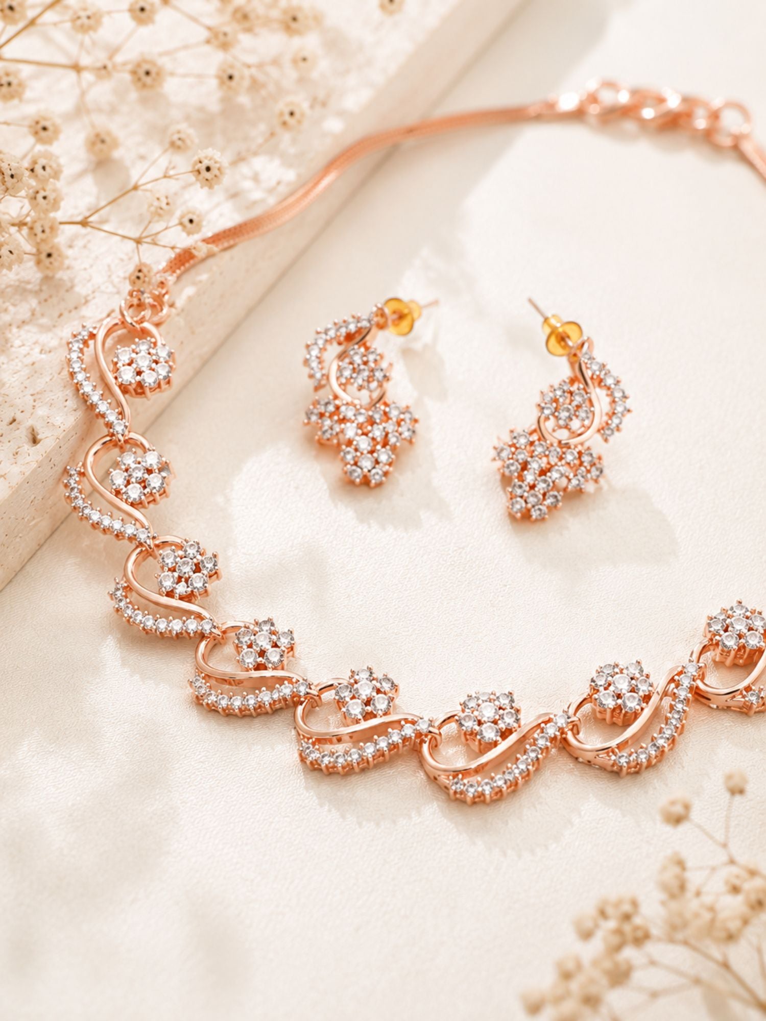Floral American Diamond Necklace Set with Earrings – Gold, Rose Gold & Silver Plated | Abdesigns