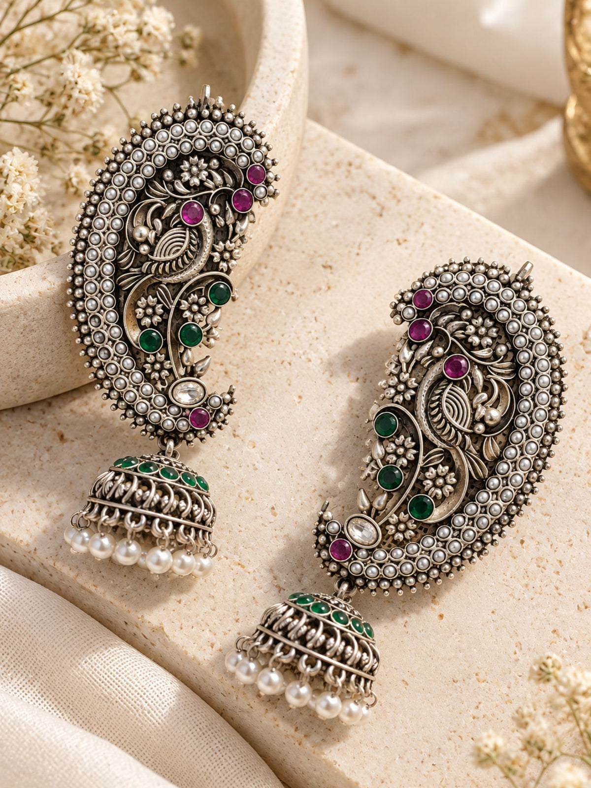 Peacock Pearl Jhumka Ear Cuff Oxidised Silver Plated | Abdesigns