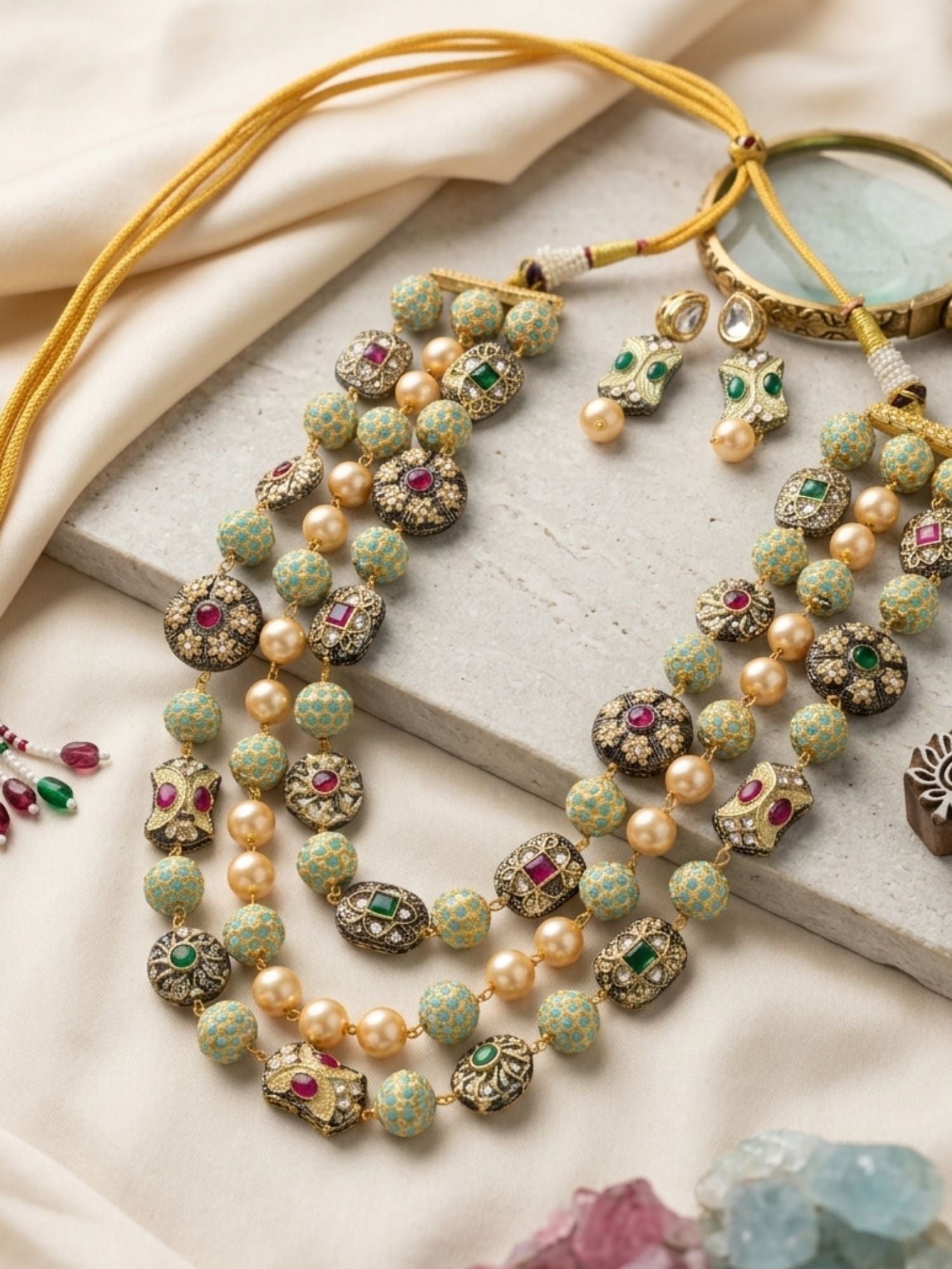 Traditional Multilayer Jaipuri Beaded Long Mala Necklace Set