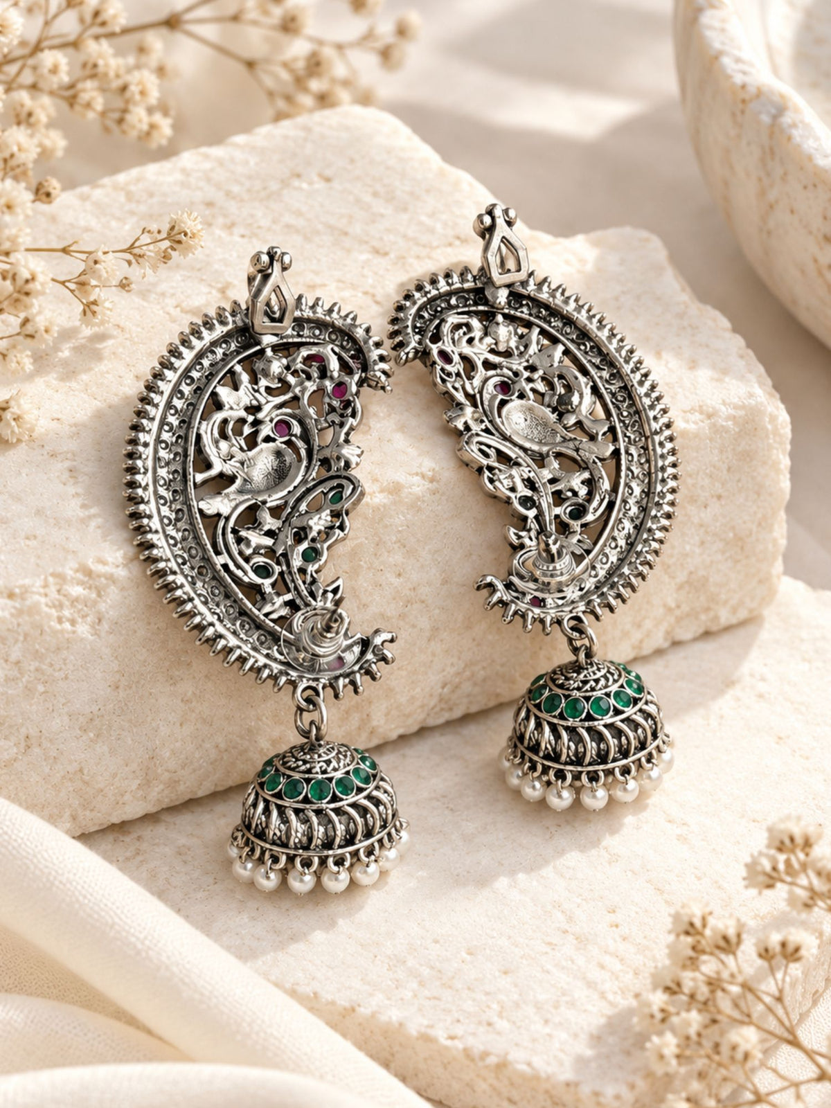 Peacock Pearl Jhumka Ear Cuff Oxidised Silver Plated | Abdesigns