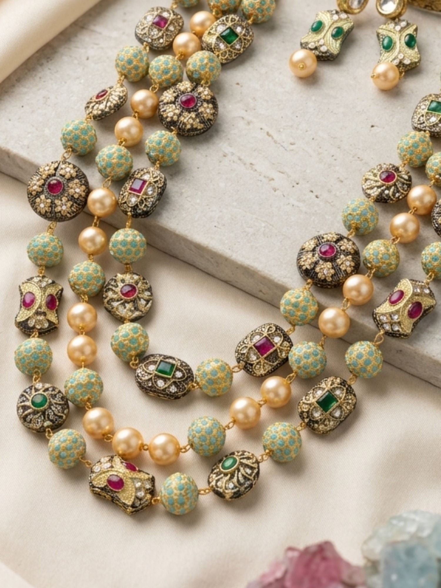 Traditional Multilayer Jaipuri Beaded Long Mala Necklace Set
