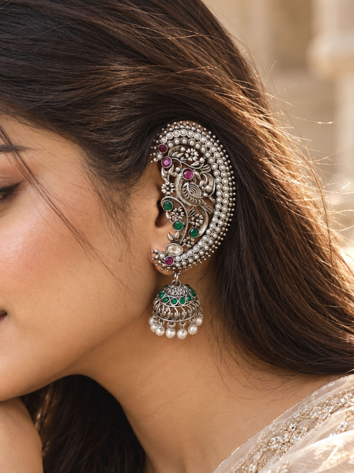 Peacock Pearl Jhumka Ear Cuff Oxidised Silver Plated | Abdesigns