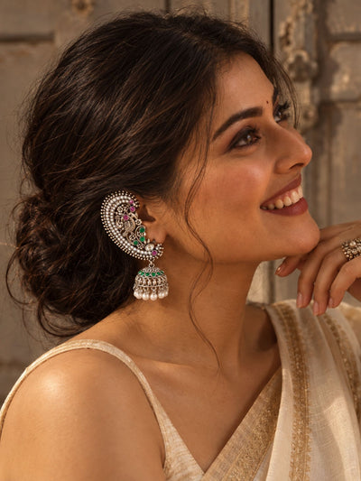 Peacock Pearl Jhumka Ear Cuff Oxidised Silver Plated | Abdesigns