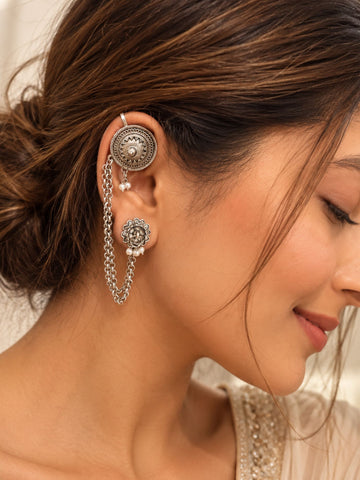 Floral Pearl Chain Ear Cuff Oxidised Silver Plated | Abdesigns