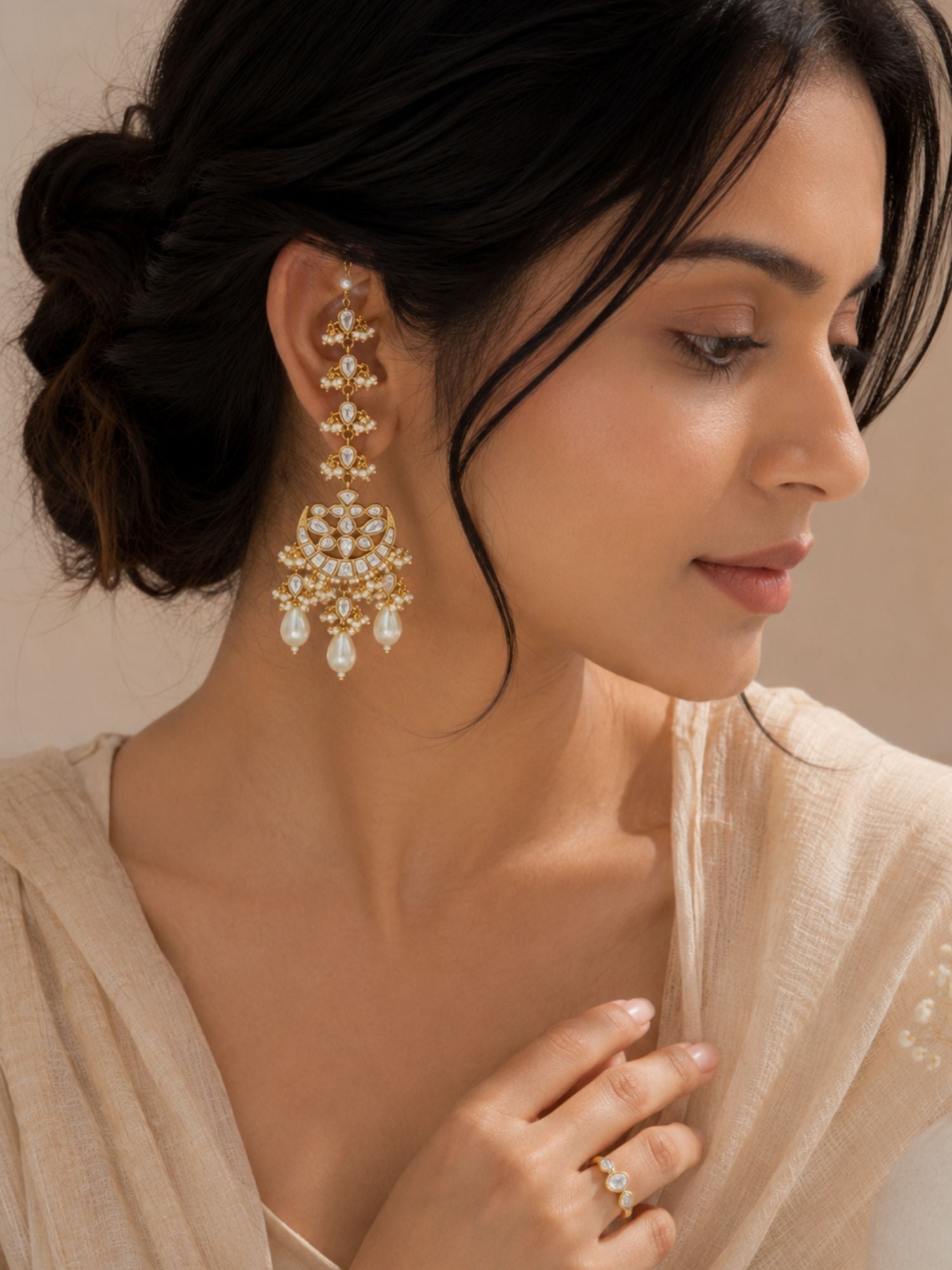 Abdesigns Pachi Kundan Pearl Ear Cuff Chandbali Earrings for Women