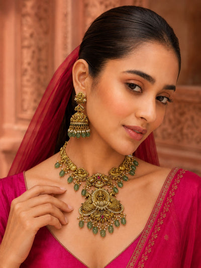 Abdesigns Temple Heritage Gold Necklace Set with Green Bead Drops