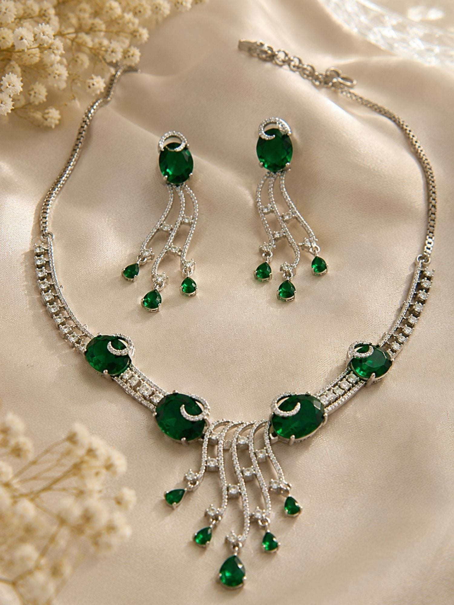 Silver Tone Cz Emerald Ruby American Diamond Necklace Set | Abdesigns