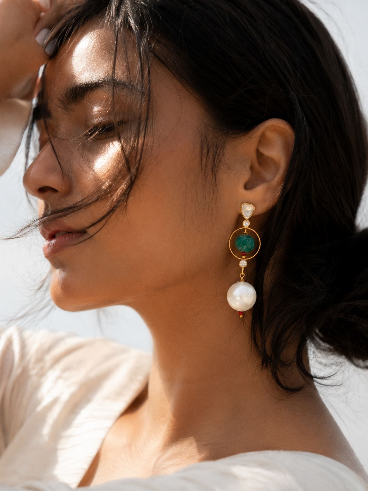 Combo Of  Kundan Green Bead & Pearl Drop Earrings