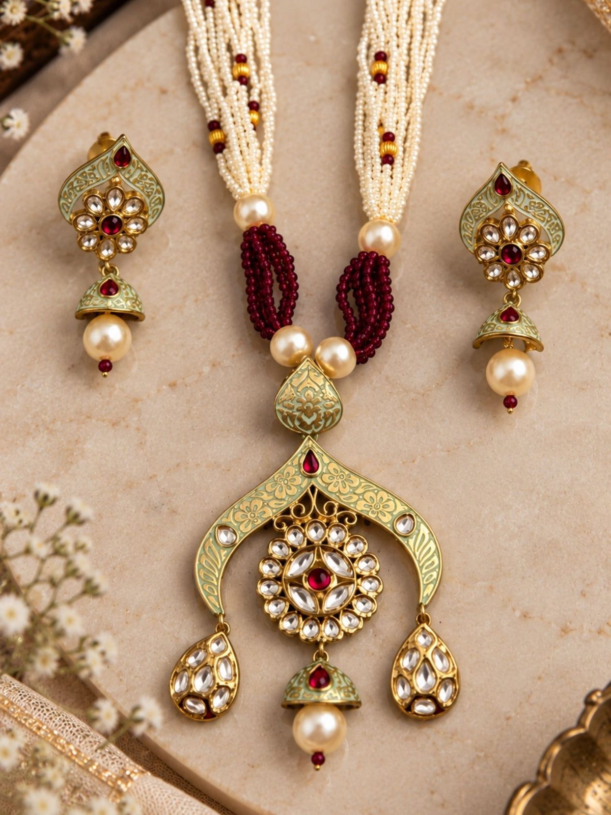 Meenakari Kundan Pearl Long Mala Necklace Set in Green & Pink