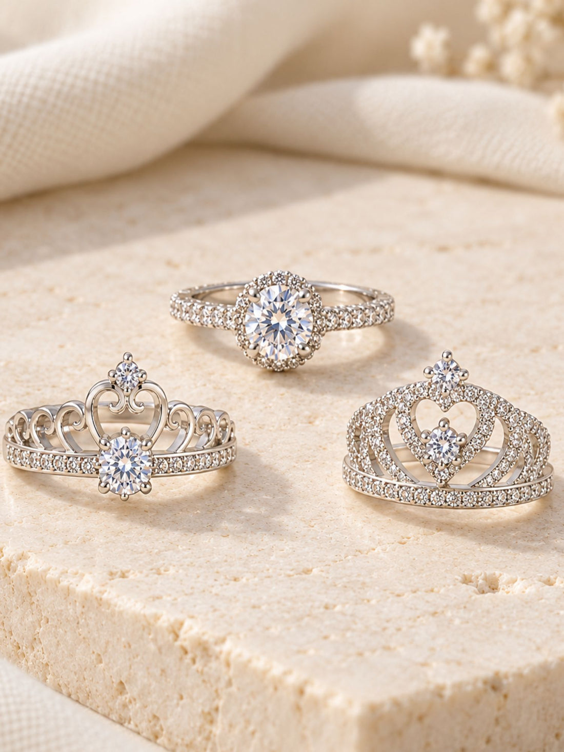 Set of 3 Silver Plated AD Stone Crown & Solitaire Statement Rings for Women