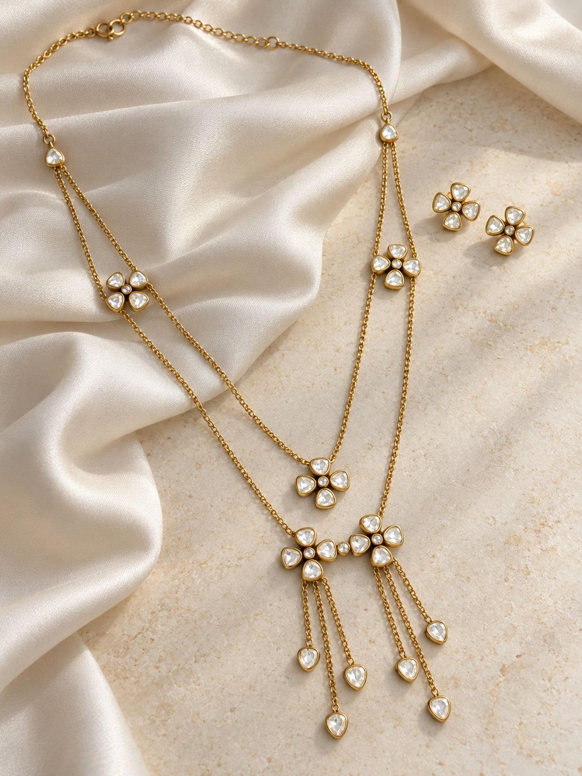 Gold Plated Kundan Floral Layered Necklace Set with Tassel Drops & Earrings for Women
