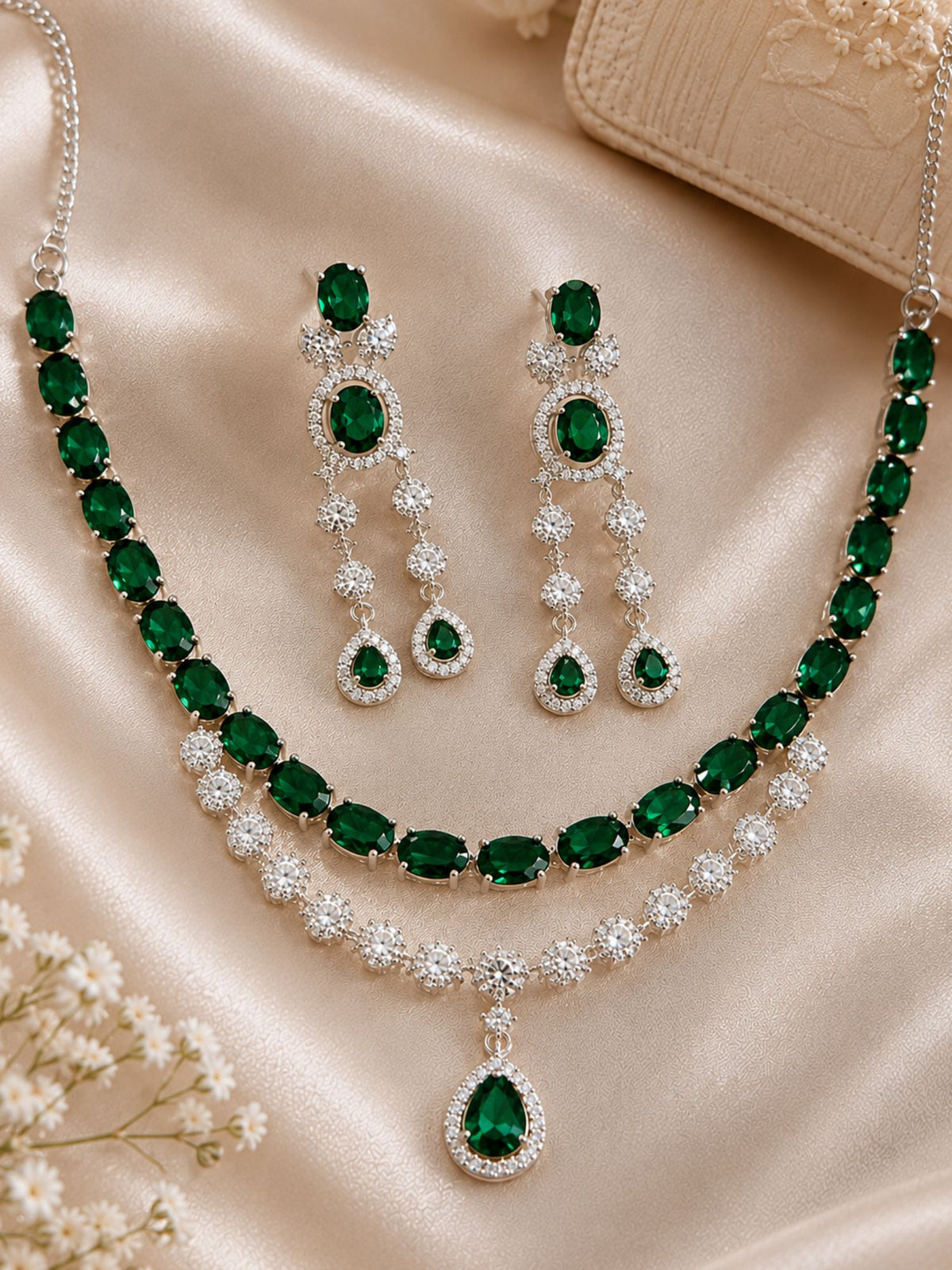 Emerald Unique American Diamond Necklace Set