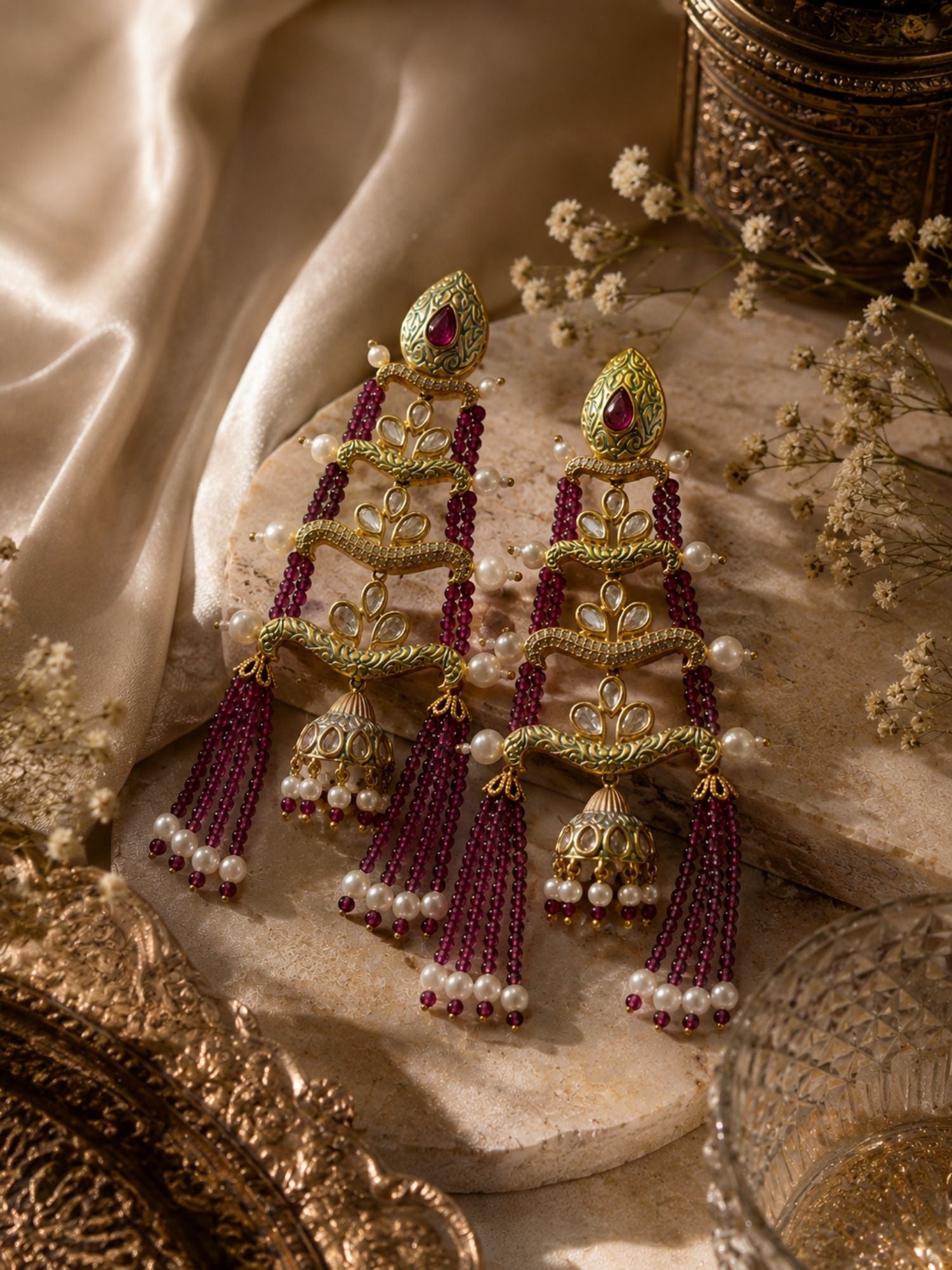 Royal Pink Beaded Jhumka Tassel Earrings – Traditional Kundan Statement Earrings - earrings by Abdesigns Jewellery
