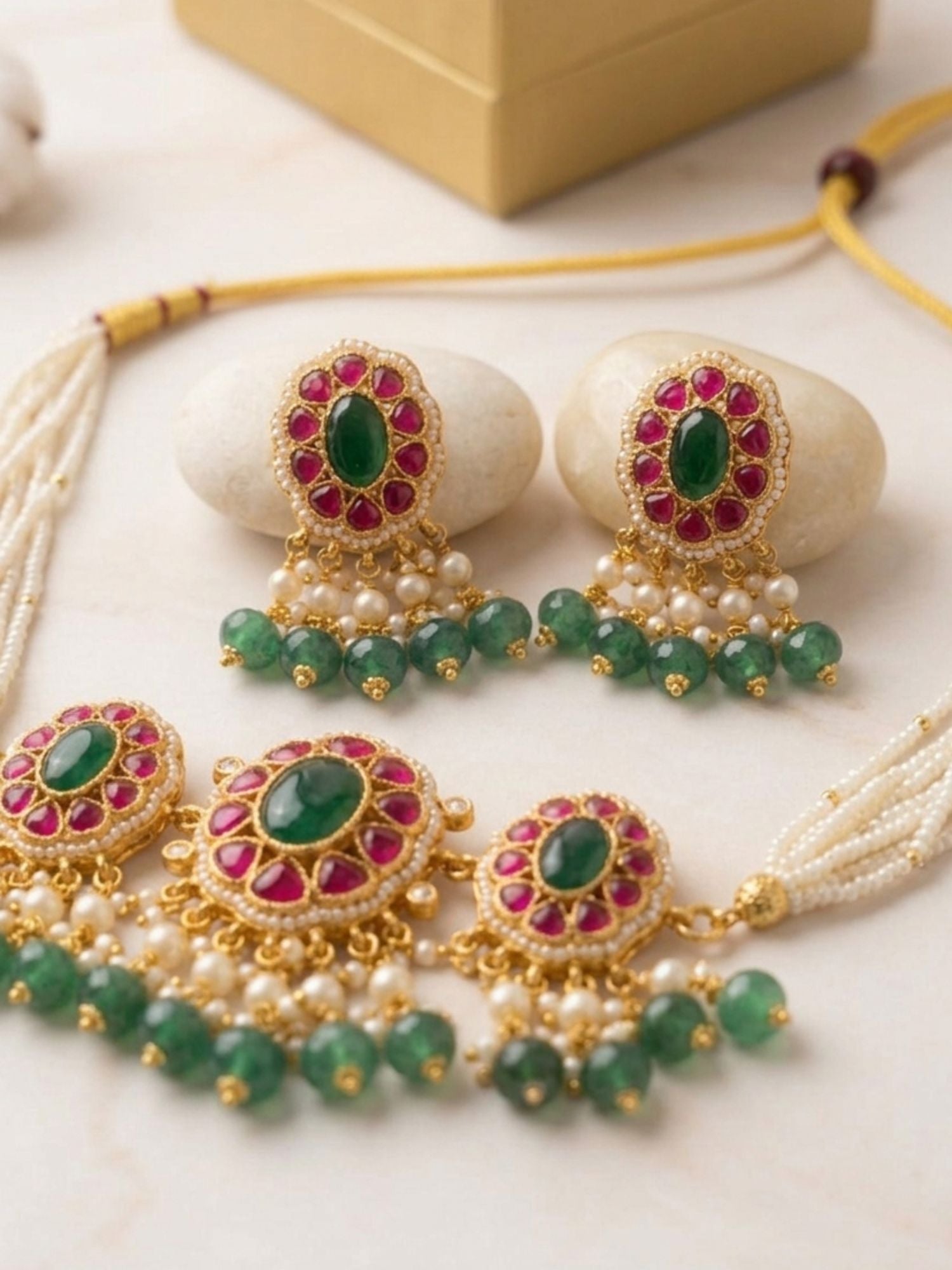 Gold Plated Emerald Pachi Kundan Necklace Set - necklace by Abdesigns Jewellery