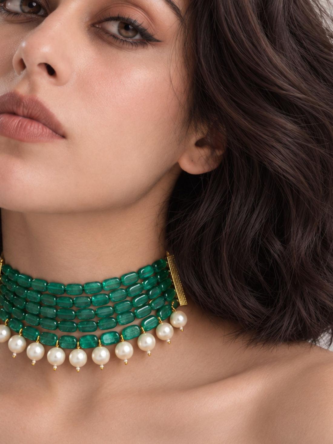 Gold Plated Green Beaded Pearl Multi-Layer Choker Necklace for Women