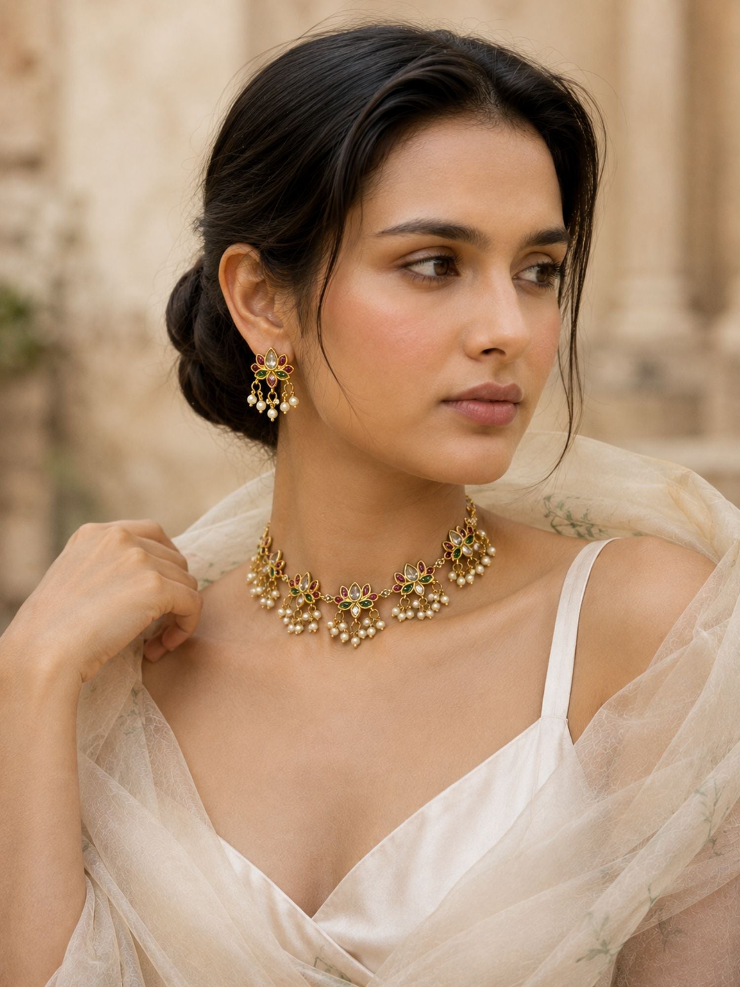 Abdesigns Gold Plated Kempstone Lotus Necklace Set
