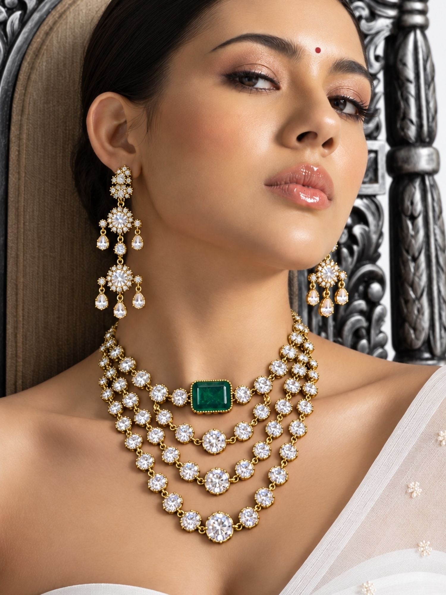Victorian Gold Plated Green Stone Layered AD Statement Necklace Set with Earrings
